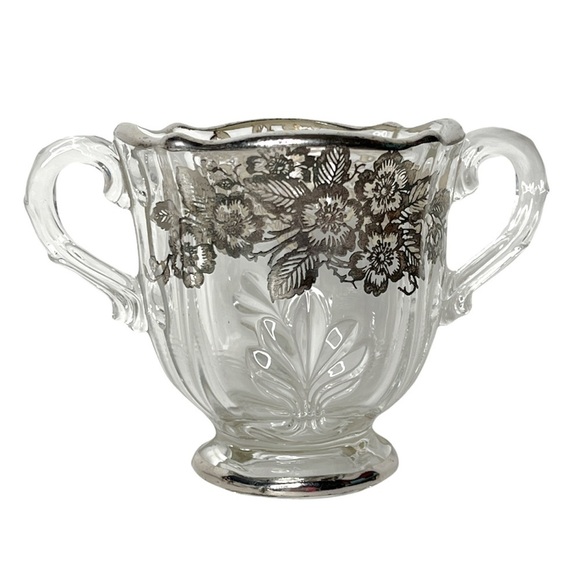 Fostoria Baroque Cream and Sugar with Silver Overlay of Wild Roses Elegant Glass - Picture 4 of 13